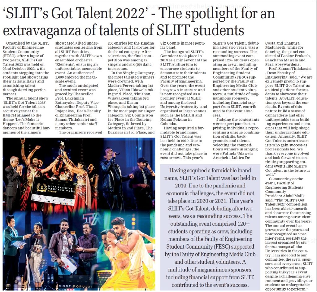 SLIIT's Got Talent 2022 The spotlight for an extravaganza of talents