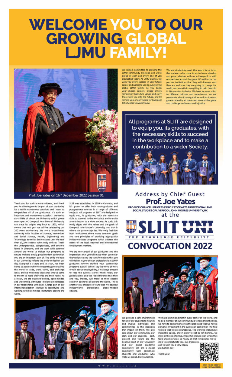 Address by Chief Guest Prof. Joe Yates at SLIIT Convocation 2022 December Ceylon Today SLIIT