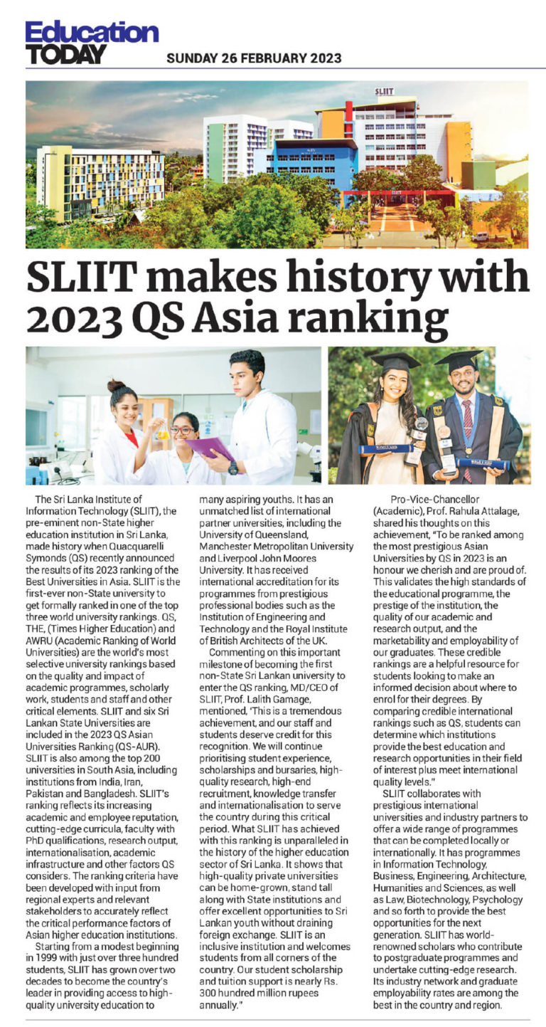 SLIIT makes History with 2023 QS Asia Ranking – Ceylon today | SLIIT