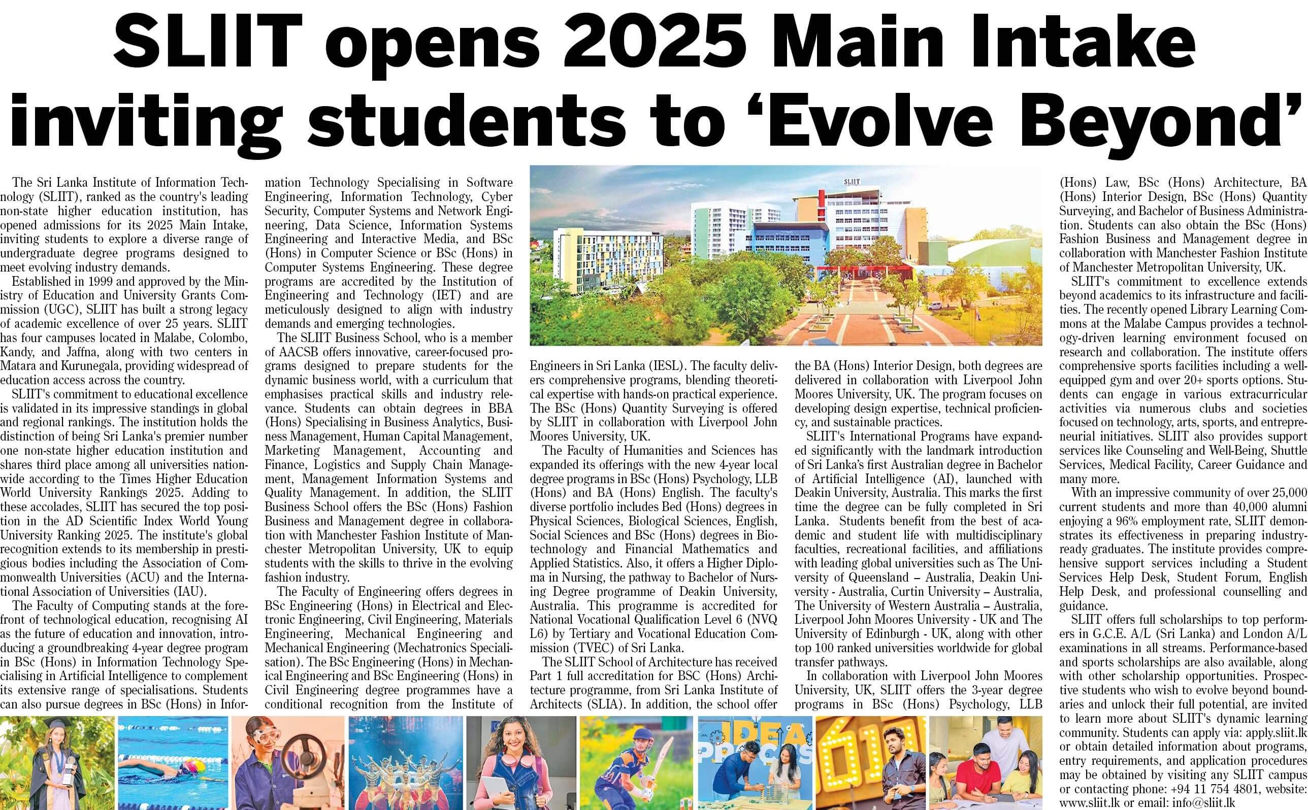 SLIIT Opens 2025 Main Intake inviting Students to Evolve Beyond - Sunda Observer