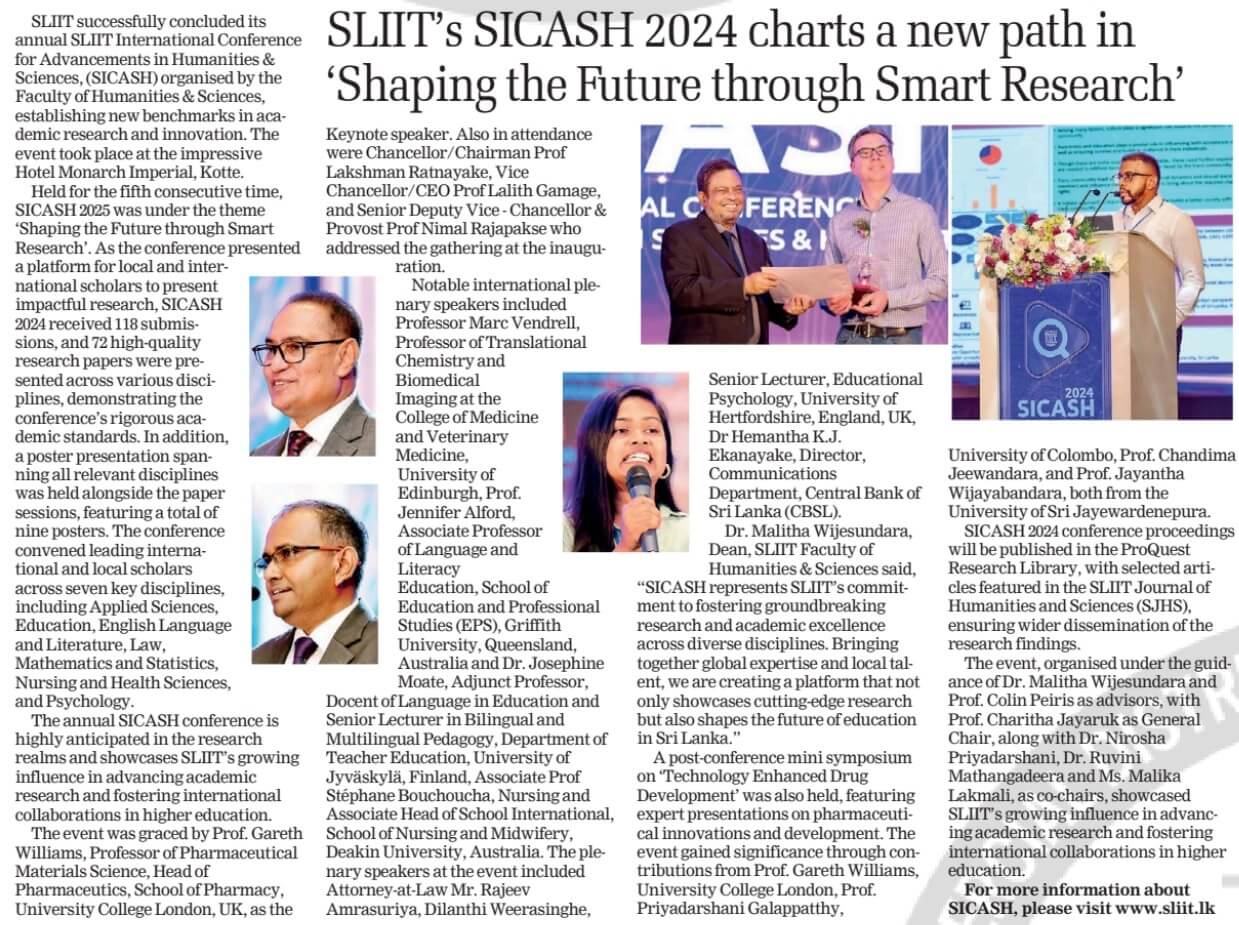 Sunday Times: SLIIT's SICASH 2024 charts a new path in ‘Shaping the Future through Smart Research’
