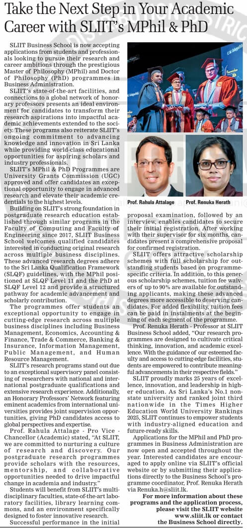 Take the Next step in your academic career with SLIITs MPhil and PHD -Sunday Times 