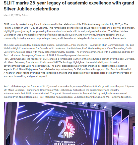 SLIIT marks 25-year legacy of academic excellence with grand Silver Jubilee celebrations