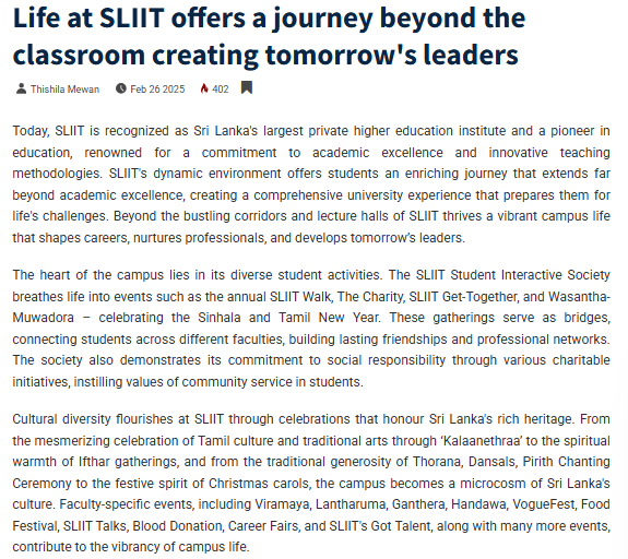 Life at SLIIT offers a journey beyond the classroom creating tomorrow's leaders