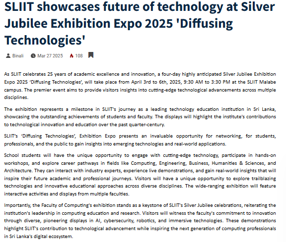 SLIIT showcases future of technology at Silver Jubilee Exhibition Expo 2025 'Diffusing Technologies'