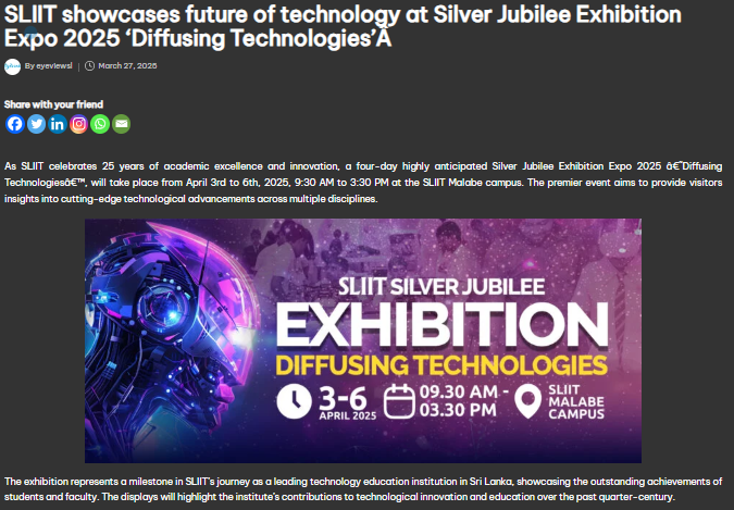 SLIIT showcases future of technology at Silver Jubilee Exhibition Expo 2025 ‘Diffusing Technologies’Â